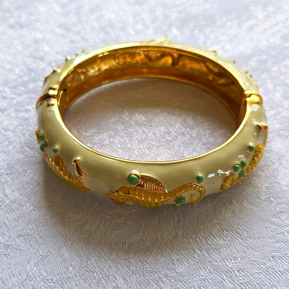 Enamel bangle bracelet, white ,green, gold colors,seahorse.